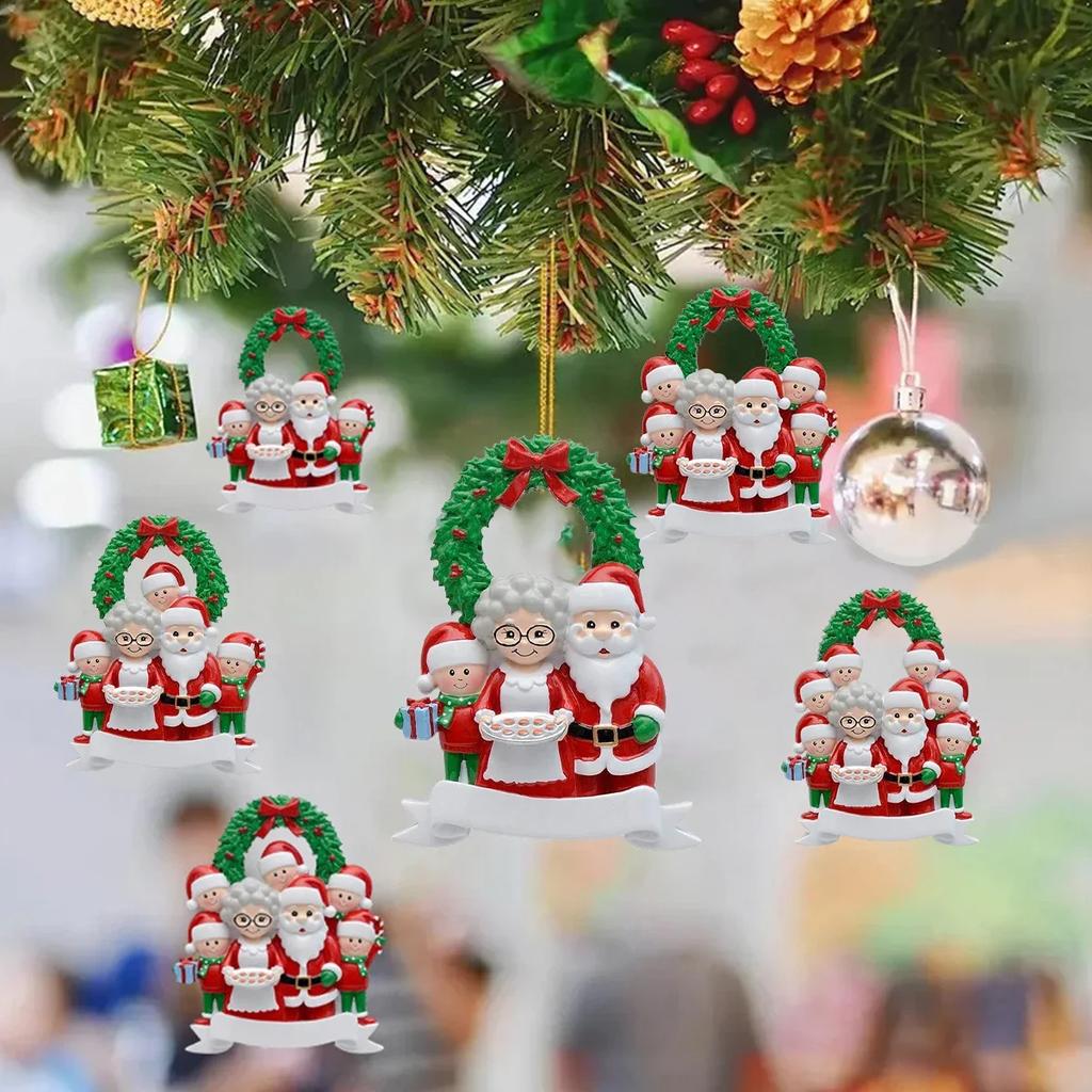 Christmas Tree Ornament Resin Santa Claus Family Figurines Hanging Pendant DIY Name Card Miniatures Decor Xmas Tree Pendants