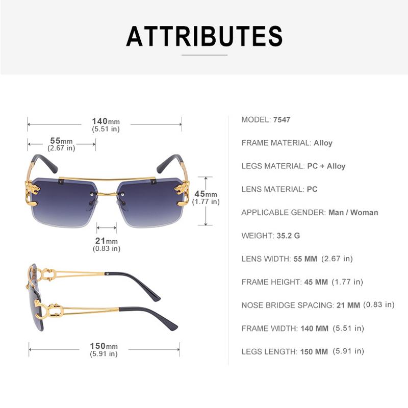 Gafas de sol sin montura de leopardo de metal a la moda, puentes dobles, sombras de película oceánica gradiente UV400