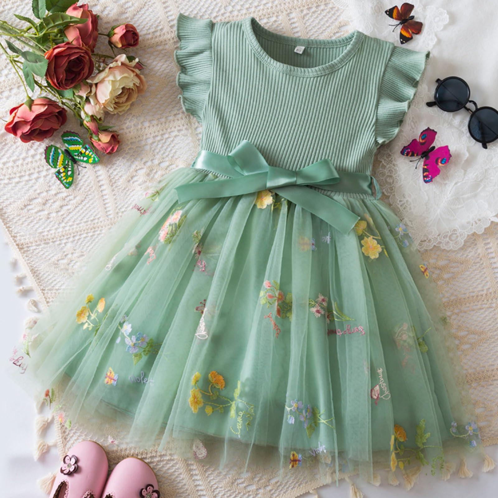 

Girls Fashion Flower Embroidery Mesh Bow Sweet Children Princess Dress Puffy Dresses 2Y зелёный