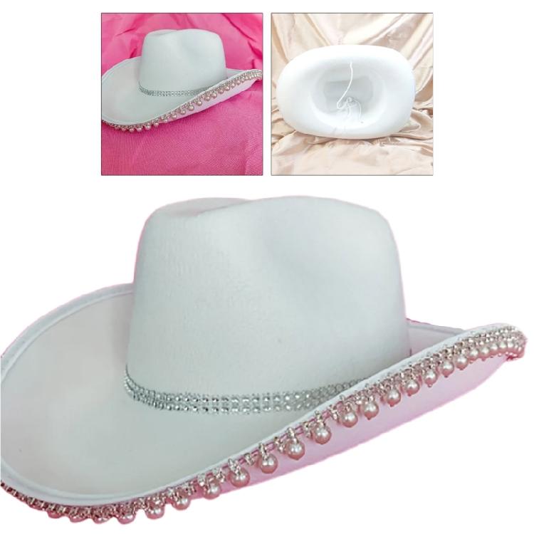 Handmade Woman Bride Cowgirl Hat Wide Brim Bridal Pink White Fedoras Hat