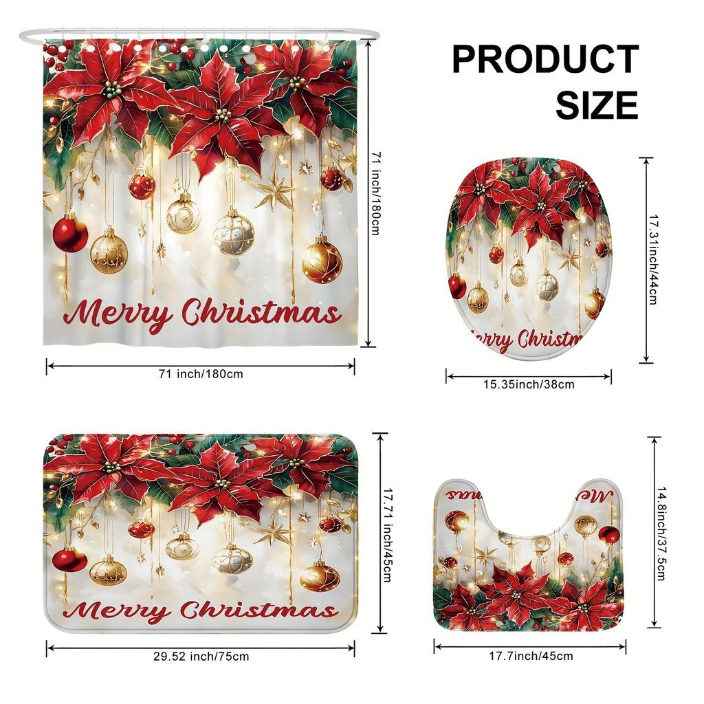 4 szt. Wesołych Świąt Zimowe Dekoracje Zestaw Zasłony Prysznicowej Kula Poinsecja Czerwony Złoty Zasłona Prysznicowa Zmywalna Na Święta Bożego Narodzenia