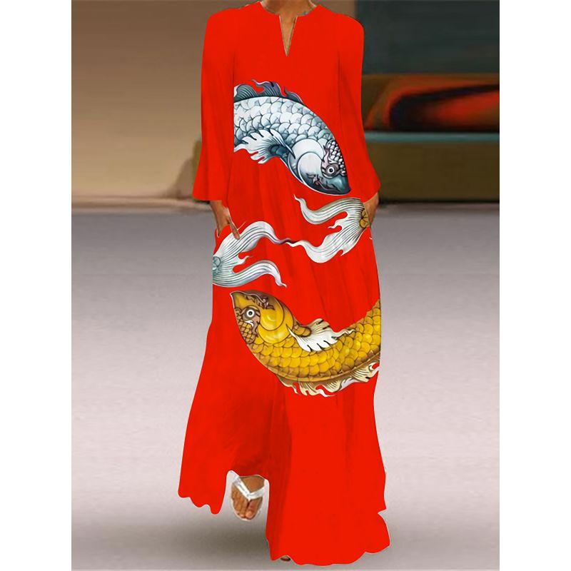 Spring/Summer Fashion Dress Women's Chinese Style Red Carp Printed V-neck Long Sleeve Dress Travel Catwalk Beach Dress