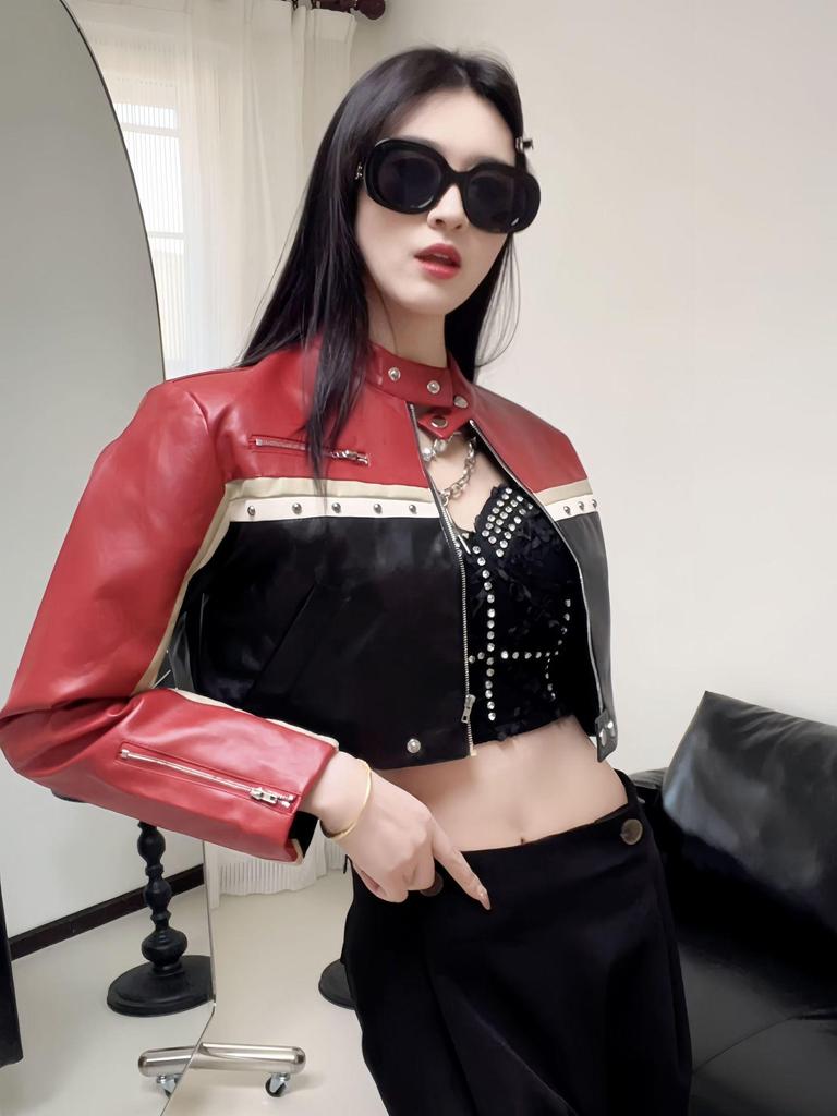 2026 Women’s Cropped Color Block PU Leather Jacket with Custom Patchwork and Stand Collar - Hot Girl Style