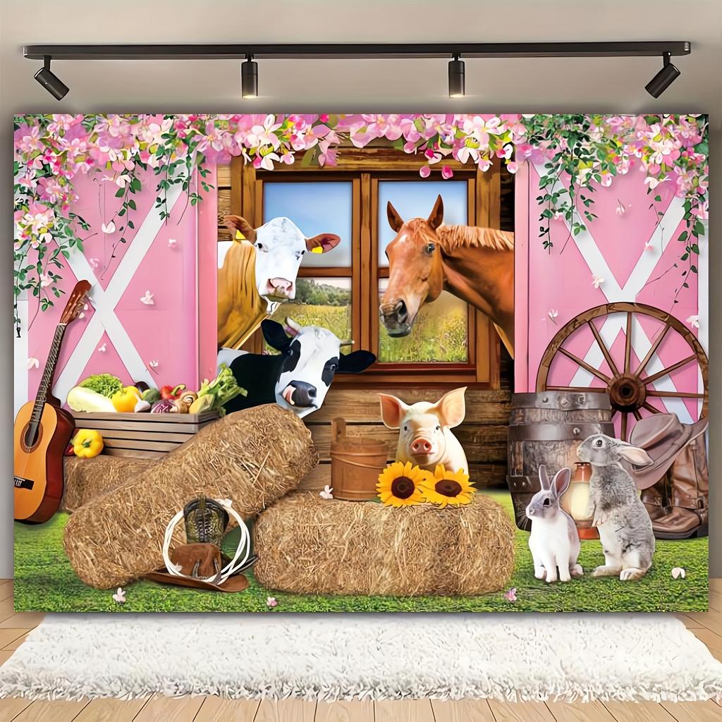 1pc Farm Pink barn background fabric cowgirl Wooden door animal flower foot rustic farmhouse plate cow birthday photo background