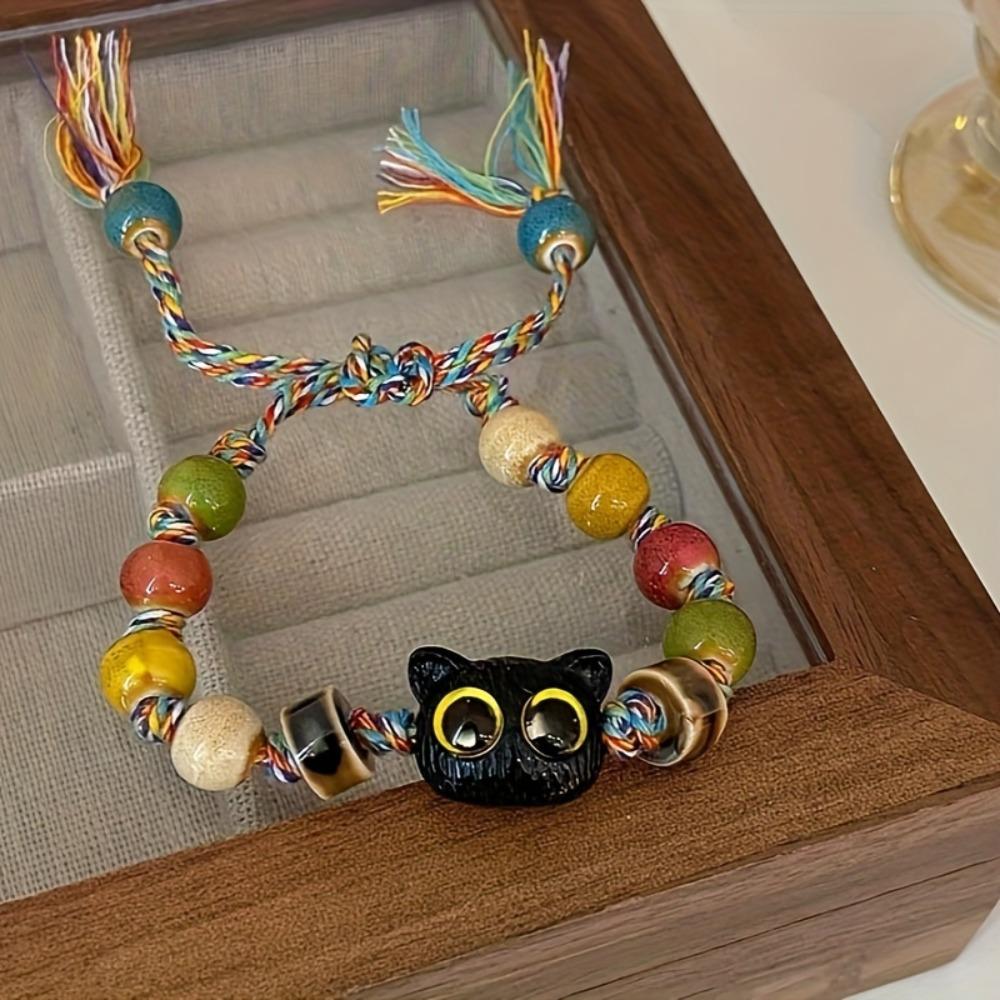 1 cute big eyed black cat pendant bead bracelet with colorful beads, a holiday gift for ladies