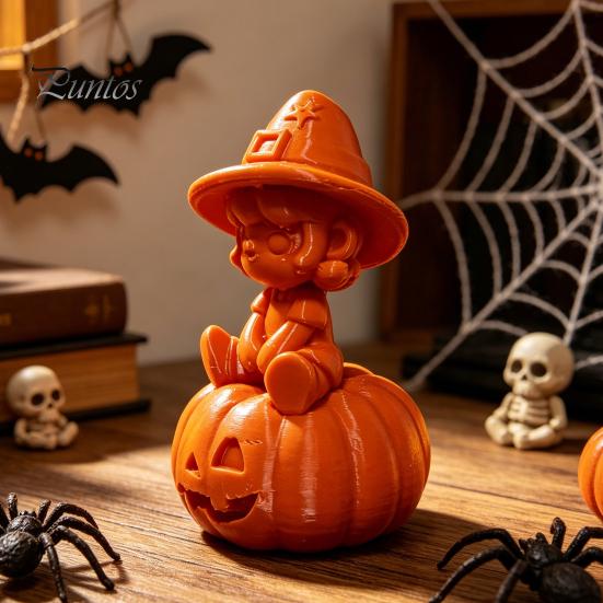 Halloween Girl Statue 3D Printed Pumpkin Figurine, Spooky Witch Statue, Figurine Sitting On Ornament for Party Decor Desktop
