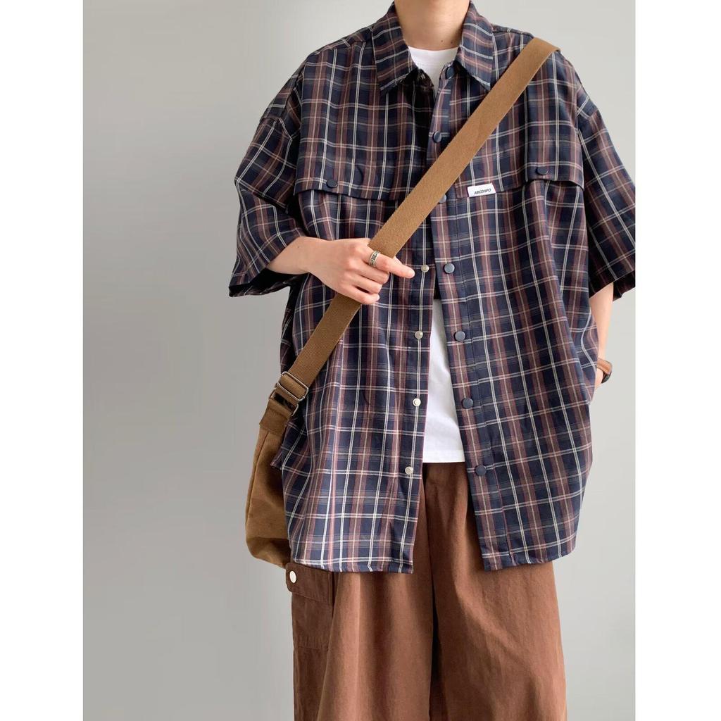 Men's Classic Japanese Retro Plaid Shirt - Short Sleeve, Loose Fit, Casual Summer Jacket.