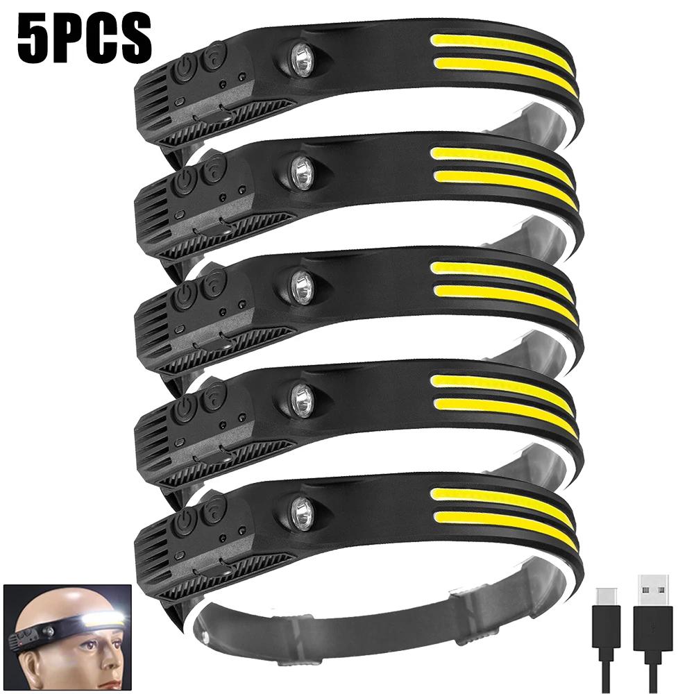 LED+COB Sensor Headlight 5 Lighting Modes Head Torch Rechargeable Built In 1200mAh Battery Head Lamp Waterproof Working Lantern