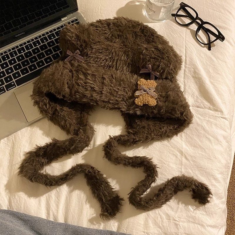 Cute Bear Ear Plush Hat for Women In Autumn and Winter Versatile Warm Pullover Hat Thickened Ear Protection Lei Feng Hat