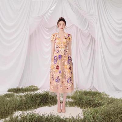 Colorful Flower Embroidery V-Neck Short-Sleeve Dress by Vietnamese Designer