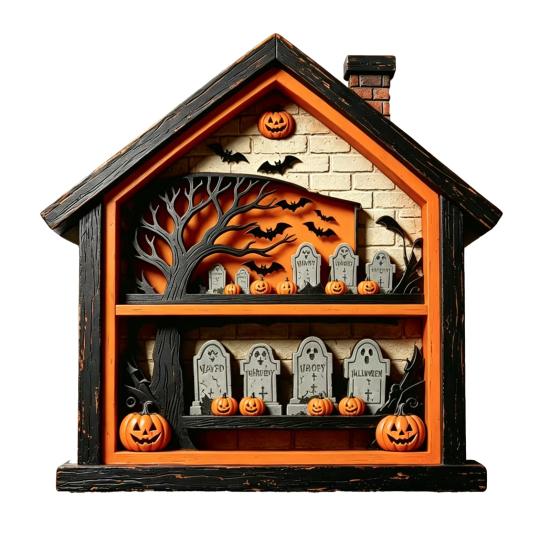 Halloween Wooden Table Sign Ghost Skeleton Block Spooky House Shape Sign Rustic Farmhouse A