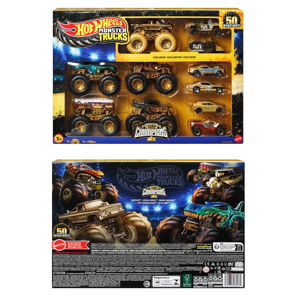 Hot Wheels Monster Truck Bigfoot Trophy Champion Collection Includes 5 Monster Trucks and 6 Miniature Cars Vehicles Ages 3 and Gold Set (11 Total).