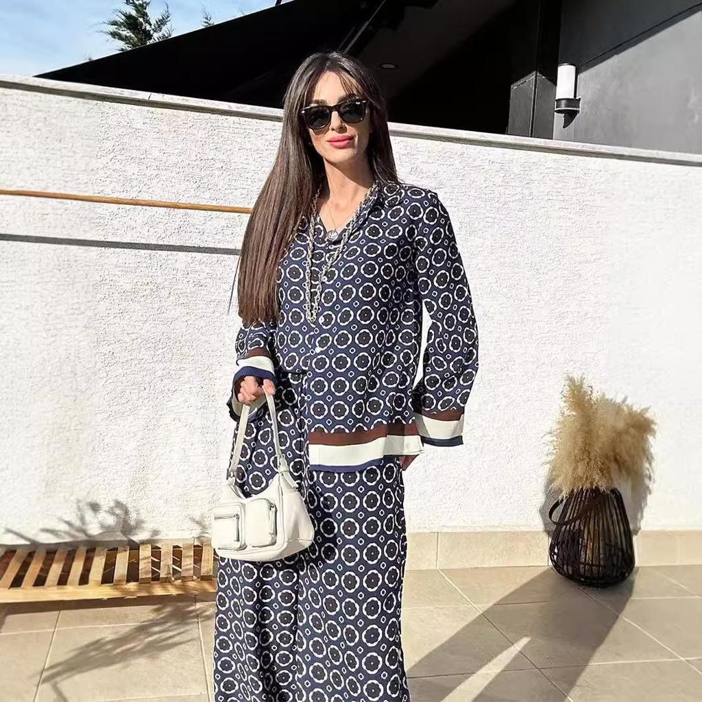 Women's Fashion Two-Piece Set: Long Sleeve Print Shirt and High Waist Pants