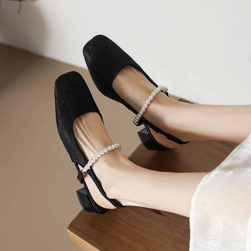 Fairy Wind Square Head Thick Heel with Bag Head Sandals  Summer New Small Fragrant Wind Pearl Mary Jane Shoes