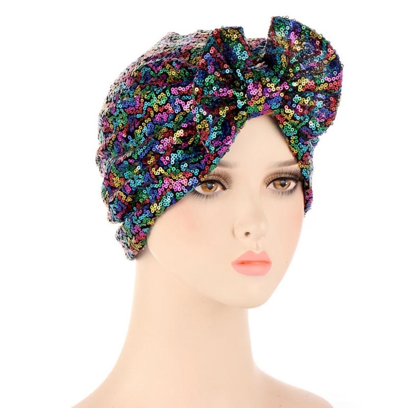 Turban Hat Bag Cap Bow Sequin Muslim Solid Color Hat