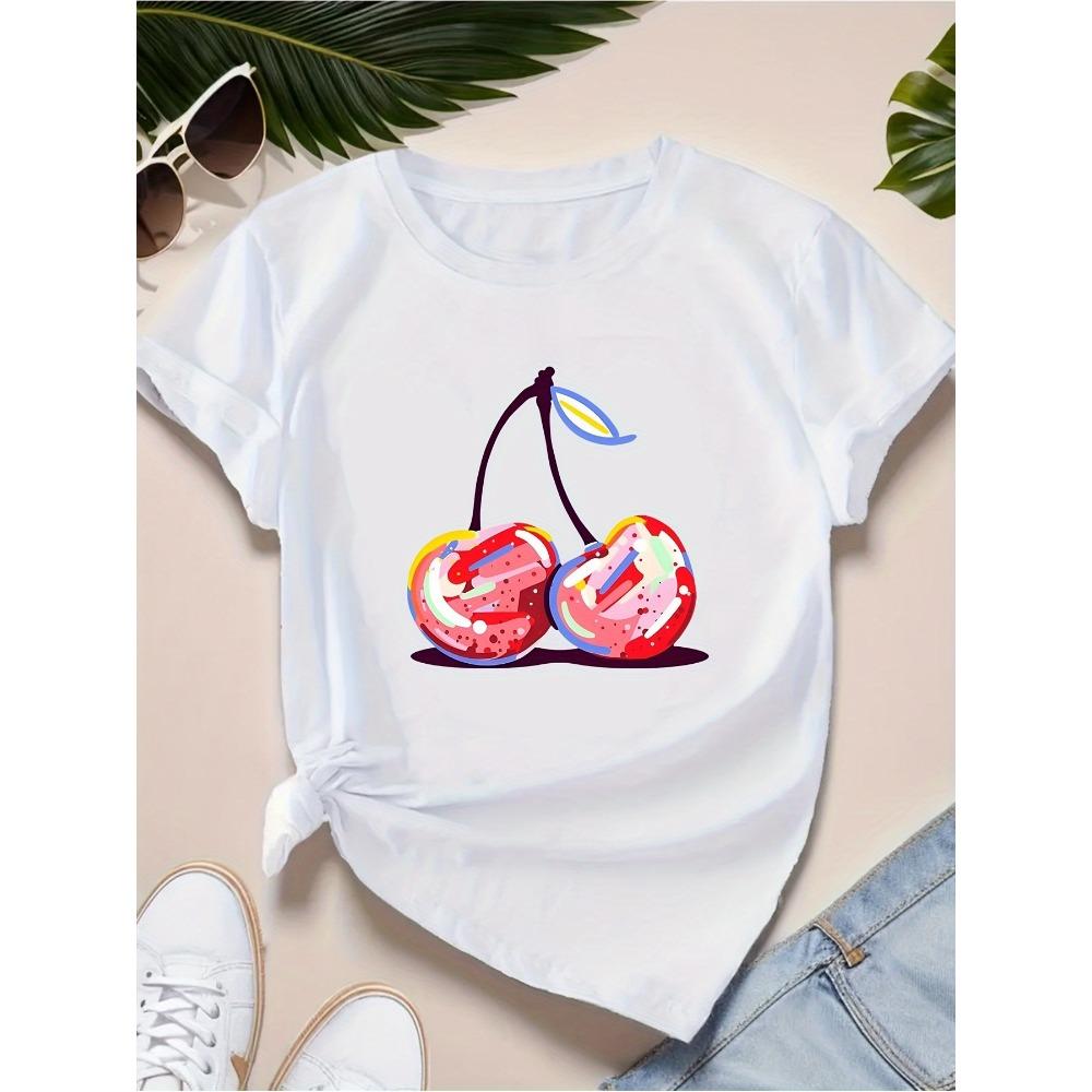 Women's Casual Short Sleeve T-Shirt Black Fit Round Neck with Bright Geometric Cherry Print Harajuku Short Sleeve