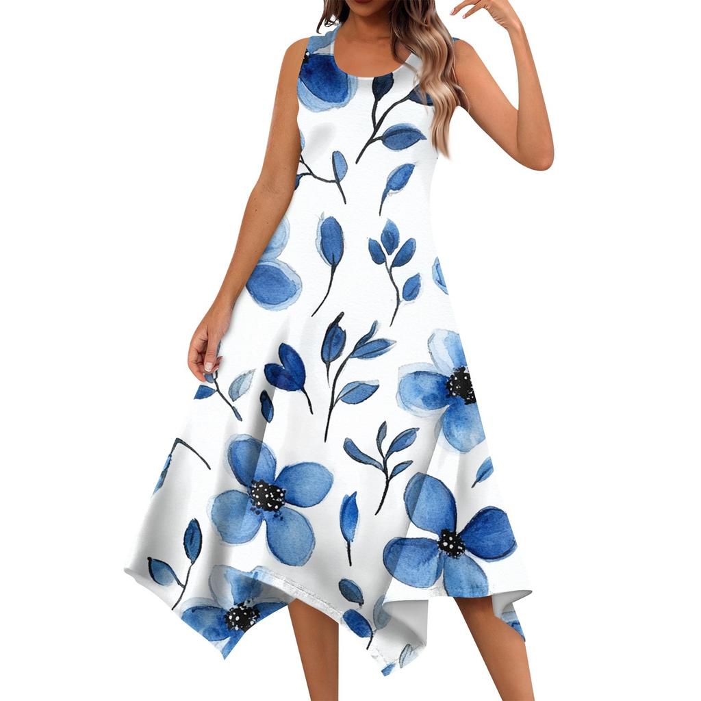 Women's Casual Fashion Round Neck Sleeveless Vintage Floral Print With Irregular Hem Mid-length Dress