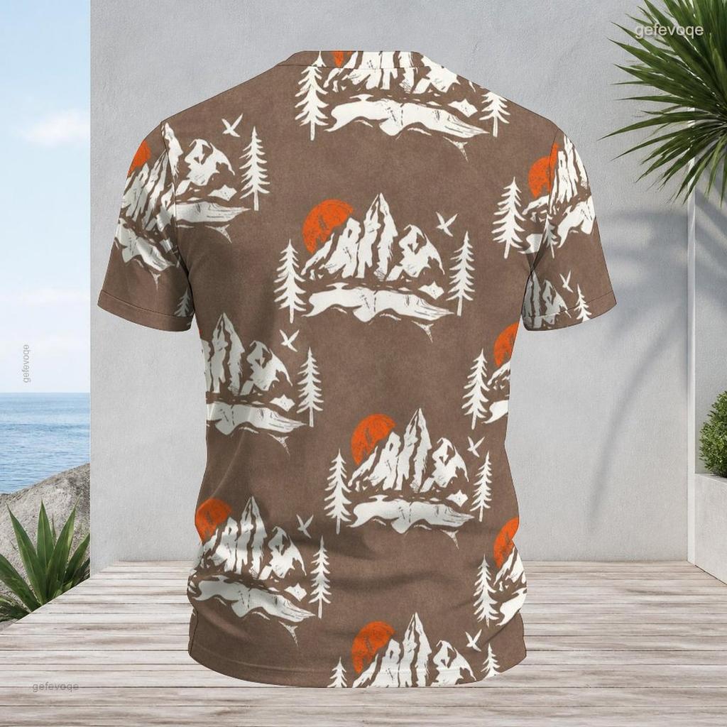 Men Plus Size V Neck Short Sleeve T Shirt Retro Mountain Print Brown Casual Pullover