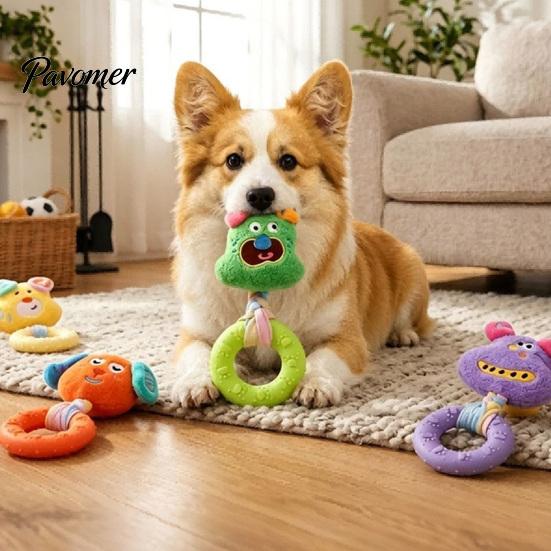 Soft Fabric Doll with Rubber Ring Squeaky Dog Chew Toy, Stuffed Puppy, Macaron Color Pet Play Toys Interactive Fetch Tug Toy for Aggressive