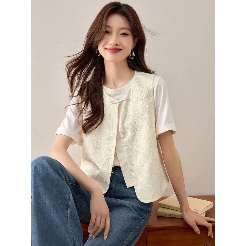Womens Jacquard Vest Sleeveless Chinese Style Button Cardigan M