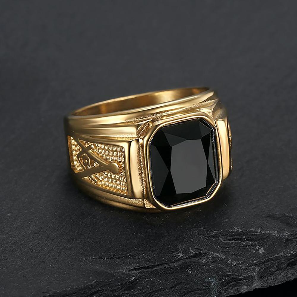 Fashion Vintage Freemason AG Rings for Men Women Hip Hop Punk Rock Gold Color Black Stone Square Ring Wedding Classic Jewelry