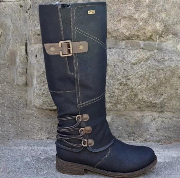 Damskie buty do kolan modne niskie obcasy kwadratowa platforma długie buty brązowe czarne skórzane zamki zimowe damskie ciepłe buty botki 69m