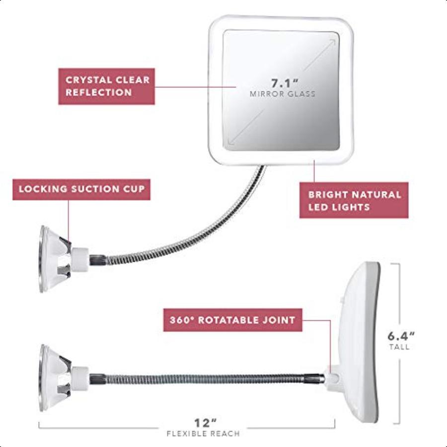 Flexible Magnifying Mirror 10X with LED Light and Gooseneck Lighted Travel Makeup Mirror Lock Suction Natural Daylight LED Cord