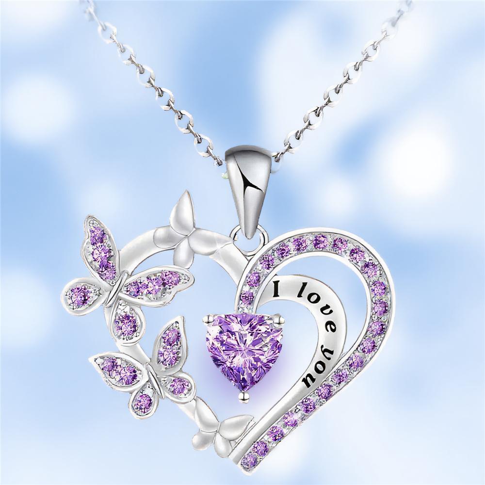 Female Crystal White Purple Zircon Stone Heart Butterfly Pendant Necklace Vintage Silver Color Wedding Jewelry For Women