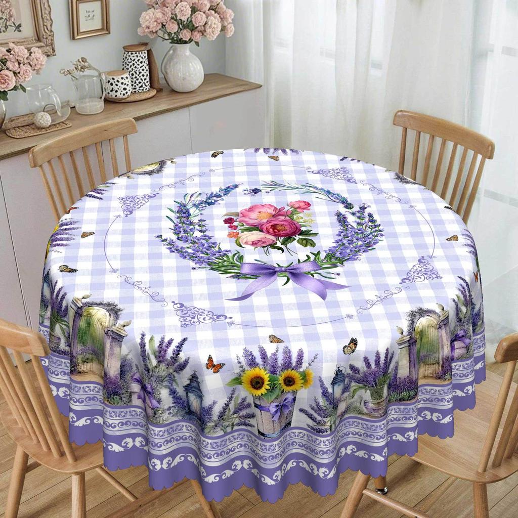 Purple Lavender Sunflower Peony Flower Butterfly Vase Floral Pattern Tablecloth, Round And Rectangular Tablecloth