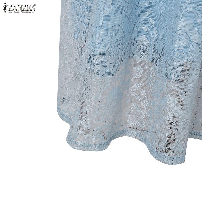 ZANZEA Women Elegant Square Collar Short Sleeve Lace Patchwork Dress