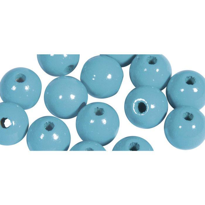 Perles en bois FSC 100%, polies, 10mm ø, turquoise, 52 pièces