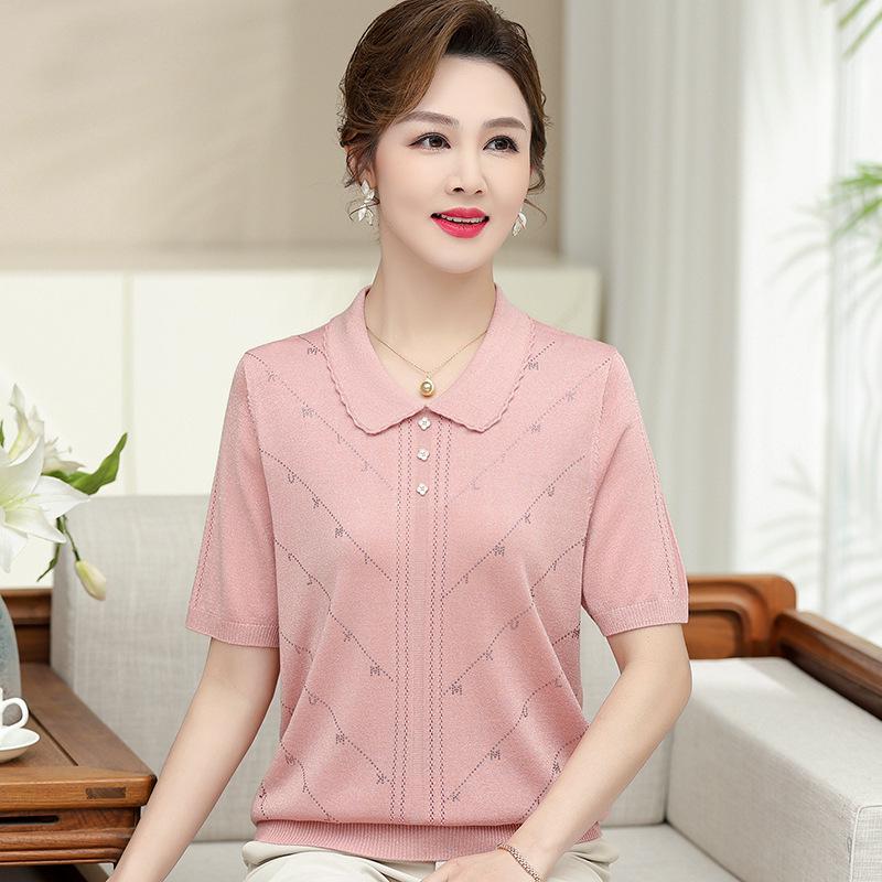 

2026 Ice Silk Summer T-Shirt for Middle-aged & Elderly Women - Stylish Short-sleeved Top XL (for 100-110 jin) рожевий