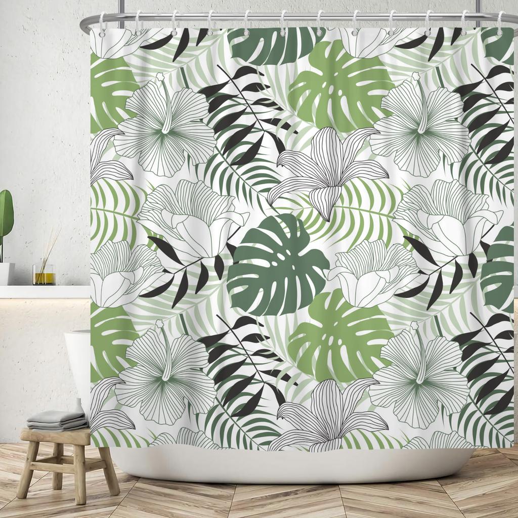 Summer Tropical Leaves Shower Curtains Monstera Palm Green Palm Leaf Plant Design Bathroom Decoration Privacy Curtains With Hook