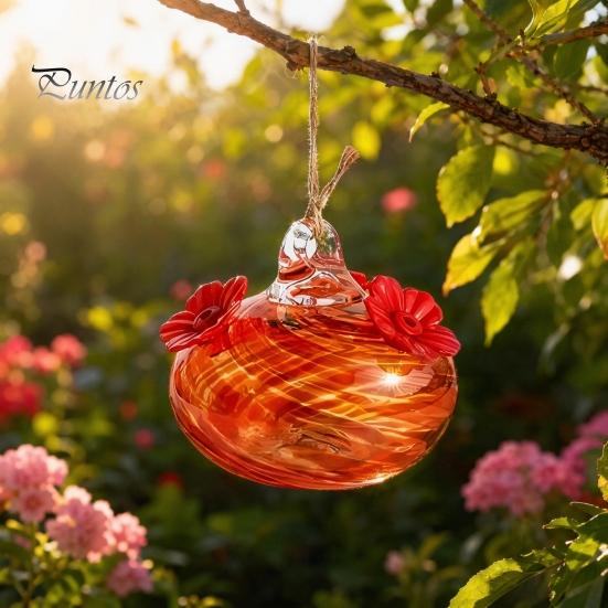 Nectar Storage Feeder Blown Glass Hummingbird Feeder, Outdoor Hanging Colorful Hand-blown with Two Flower Feeding Ports for Garden Backyard