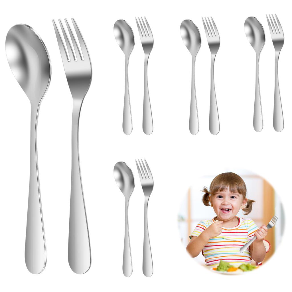 10 Pcs 304 Stainless Steel Kids Utensil Set Children Fork and Spoon Set Rustproof Kids Silverware for Home School and Restaurant