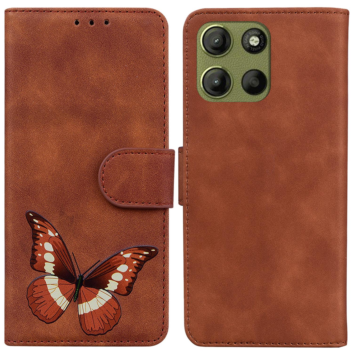 

For Motorola Moto G15 4G Stand Case PU Leather Phone Cover Butterfly Printed Brown