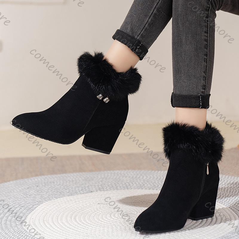 Fashion Comemore New Padded Ankle Boots Pointed Head Rhinestone Cotton Women's Shoes Casual Chunky High Heels Female Fur Short Botines