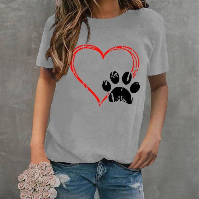 Cotton  New Valentines Day Heartshaped Checkered Footprint Printed Shortsleeved Tshirt for Casual Womens Summer