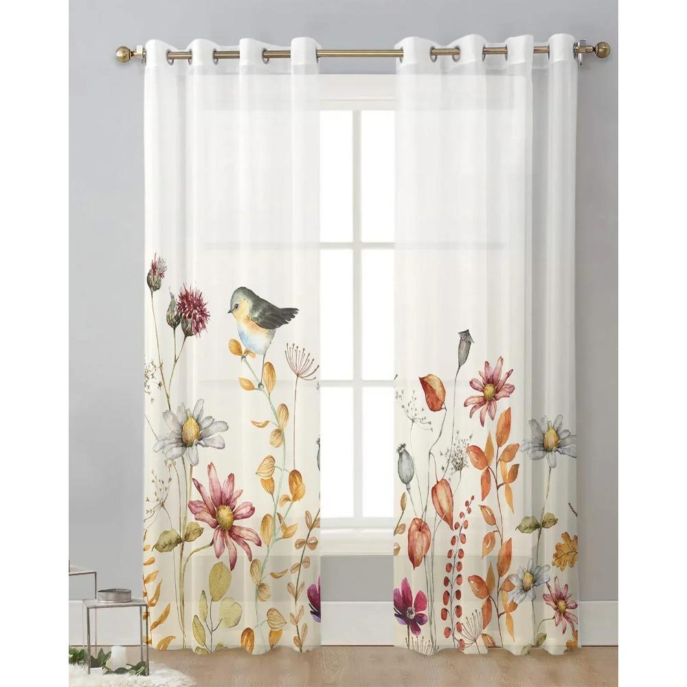 Herbstpflanze, Wildblumen, Gänseblümchen, Vogel, transparente Vorhänge, Fensterdekoration, Voile-Tüllvorhänge für Wohnzimmer, Schlafzimmer, Küche