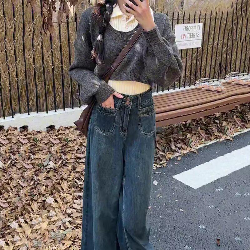 Women's High-Waisted Wide-Leg Double-Breasted Jeans - Retro Versatile Drape Mopping Pants for Spring & Autumn 2025