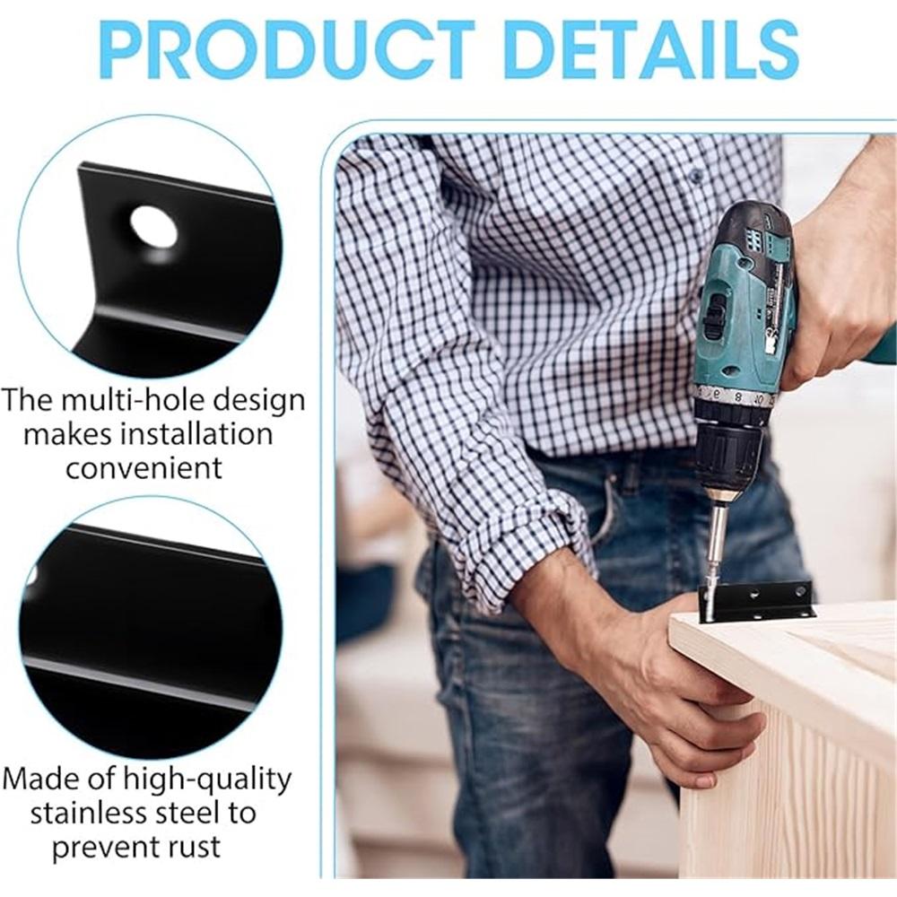 4pcs Stainless Steel L-Shaped Angle Brackets – 80x20x20mm & 60x25x25mm, 2mm Thick, Black Coated, For Woodworking, Furniture, Railings – Indoor/Outdoor