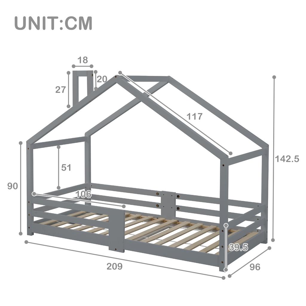 Children's Bed House Bed with Chimney Fall Protection Sturdy Slatted Frames Pine Wood House Bed for Kids, 90 x 200 cm without Mattress, Grey