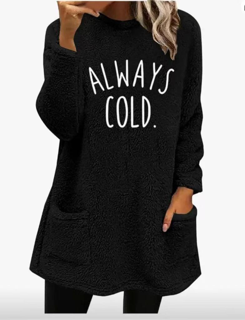 Women's European & American Style Letter Print Round Neck Loose Long Sleeve Plush Hoodie with Pockets