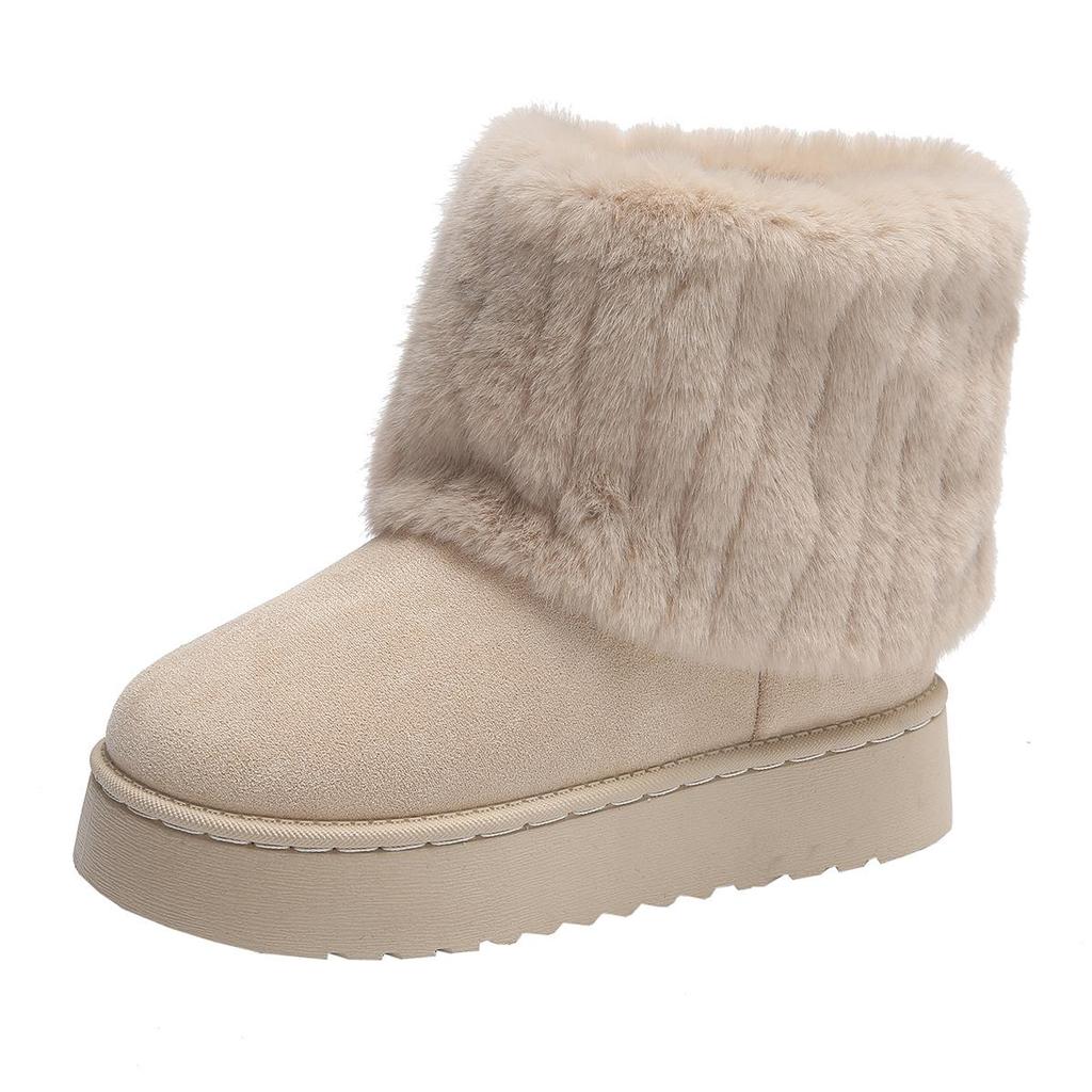 Furry Striped Women's Mid-Calf Snow Boots - Suede, Thick Soled, Warm & Comfortable for Autumn/Winter.