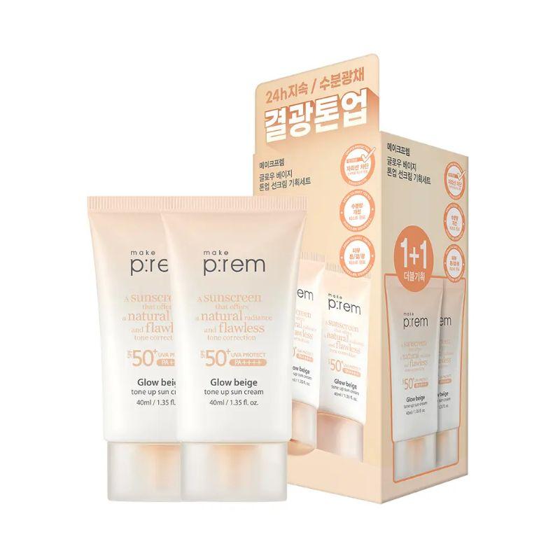 Make P:rem Glow Beige Tone-Up Mineral Sunscreen Brightening UV Protection SPF50+ PA++++ Set 40ml + 40ml