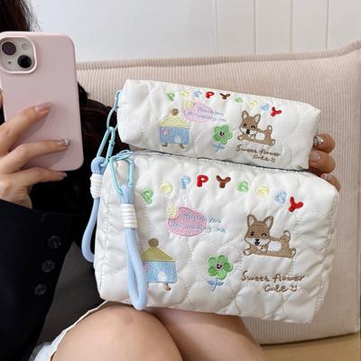 Ins Embroidery String Makeup Bag New Cute Cartoon Dot Flower Student Stationery Pencil Pouch Large Capacity Makeup Storage Bag
