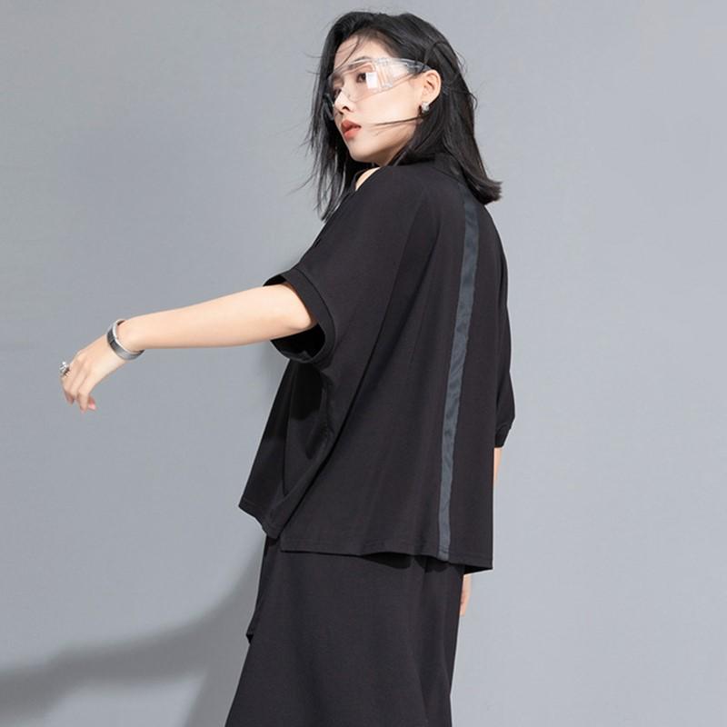 Tricou de vară casual larg supradimensionat cu mânecă scurtă Negru vintage Topuri tricou Femei