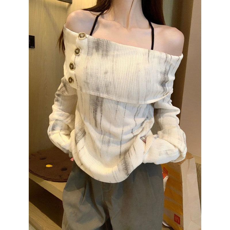 Deeptown Y2k Off Shoulder Women Sweatshirt Korean Style Long Sleeve Pullovers Harajuku Slash Neck Hoodie Slim Autumn Vintage