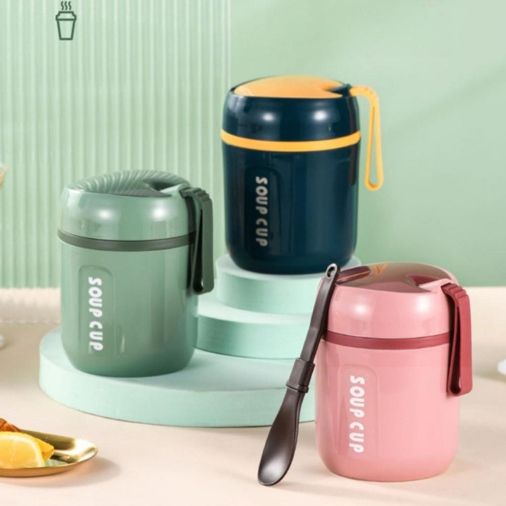 480ml Stainless Steel Soup Cup, Portable Insulated Breakfast Porridge Milk Container with Foldable Spoon & Carry Strap Leakproof