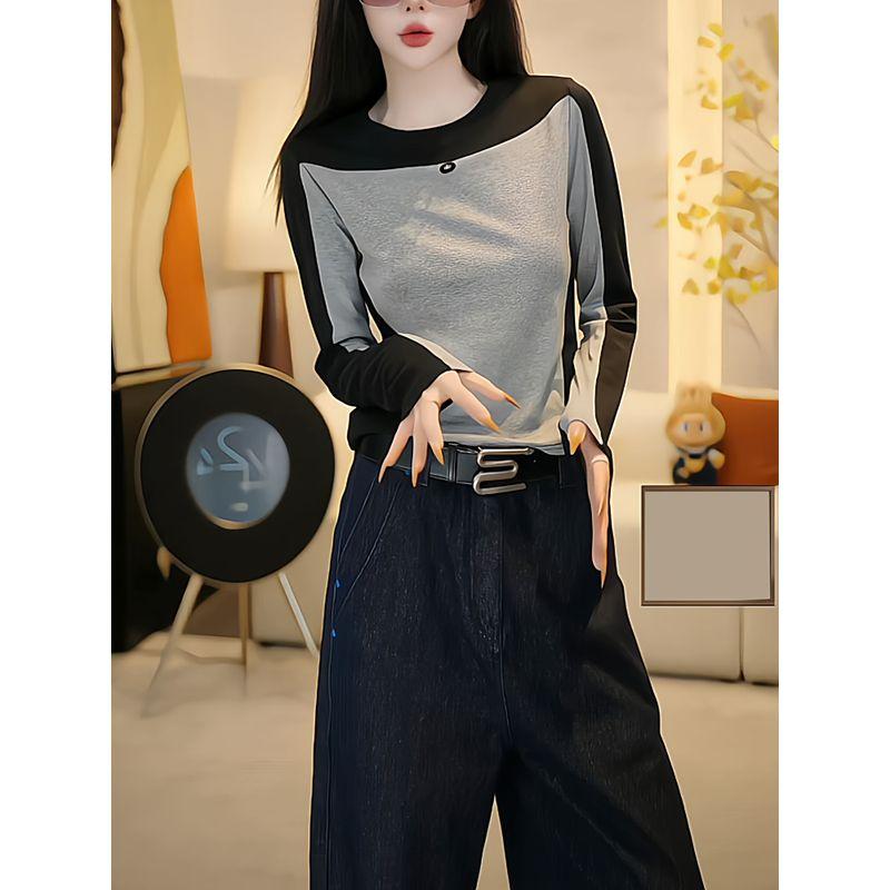 

Contrast Color Shoulder Long sleeves Shirt Women s Autumn Clothing Slim fit Base Inner wear New Plus size Chubby Girl Design Slimming Top Gray S